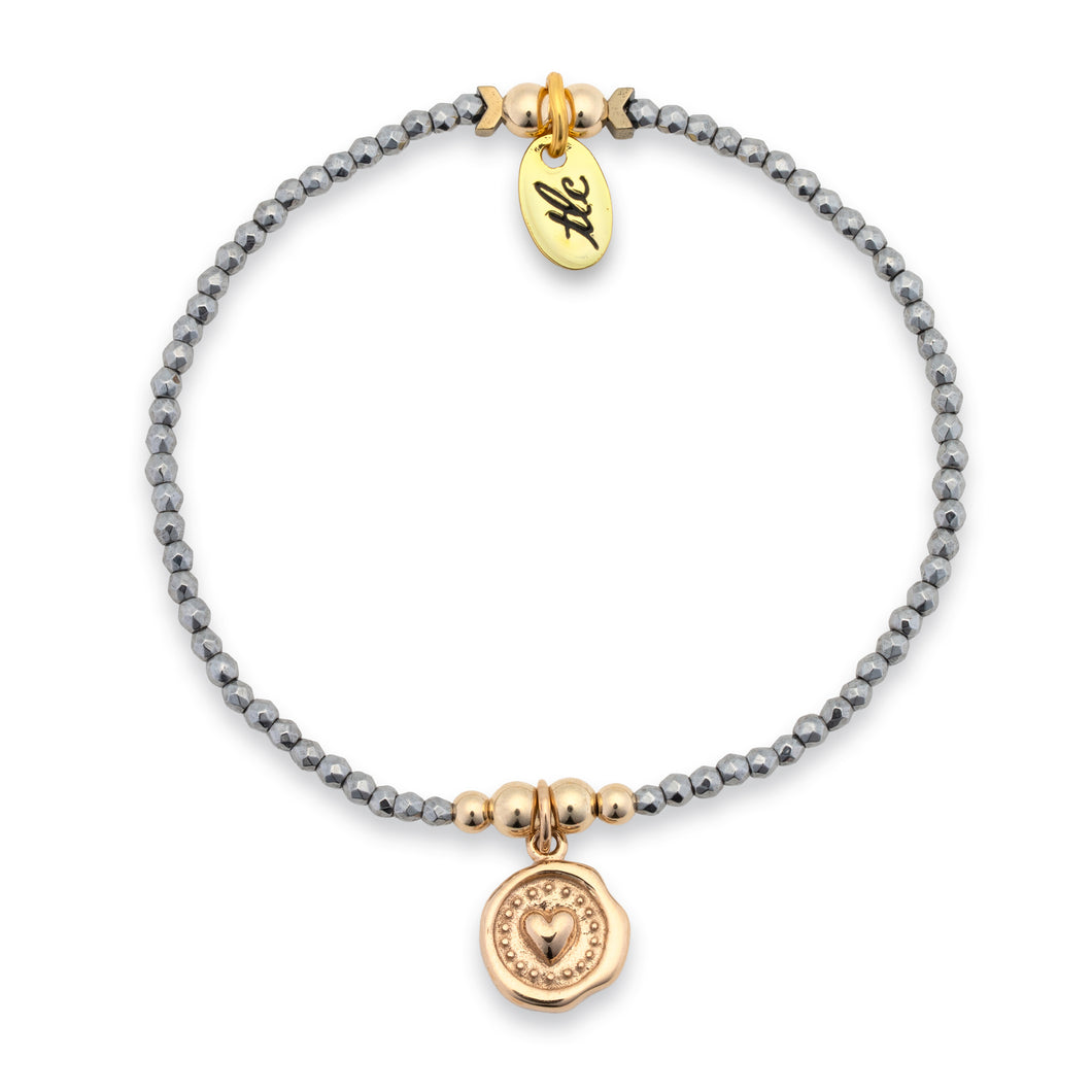 Glimmering Heart - 2mm Silver Hematite & Bronze Charmed Stretch Bracelet